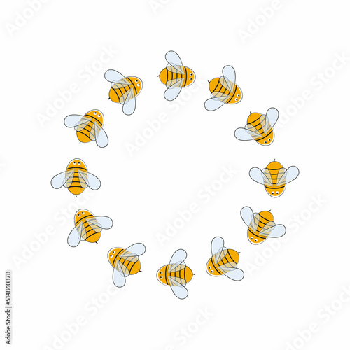 Children's cartoon drawing with a bee. Round frame with bees. Vector illustration. Design of a holiday, beekeeping festival, photos, postcards, invitations, logo.