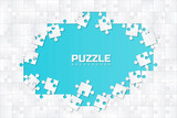 Vector puzzle section. Blue circle filled with white pieces. Friends put together whole picture. Graphic elements for website, cover for notebook, posters or banners. Cartoon flat vector illustration