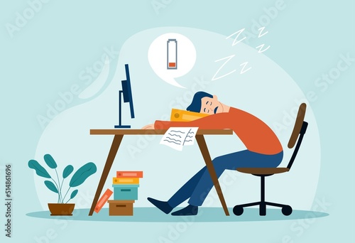 Work burnout concept. Man sleeps in front of computer monitor, lazy character in workplace. Overworked guy, poor time management and deadline pressure metaphor. Cartoon flat vector illustration