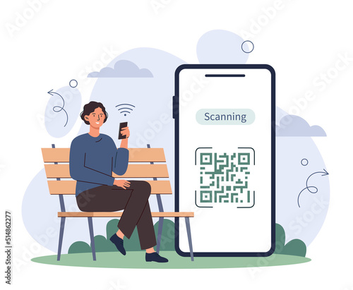 Qr code on screen. Young girl using smartphone follows shortened link. Modern technologies and digital world. Convenient service, promotion on Internet metaphor. Cartoon flat vector illustration