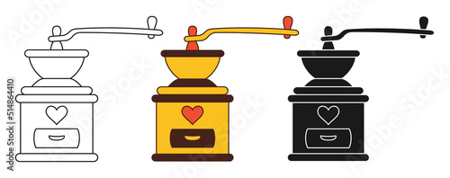 Coffee mill icon line set. Doodle cartoon style or stamp simple grinder sign, retro rustic kitchenware. Vintage coffeehouse menu symbol outline vector for game, web design or app, ui logo drawn