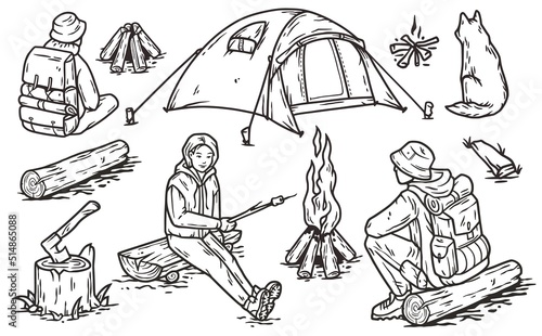 Backpack traveler, nature explorer wonderer man. Outdoor camping adventres and activities with tent and campfire