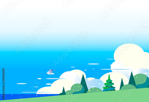 積乱雲と鴎が飛ぶ夏の海と青空