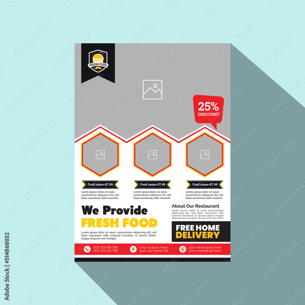 Fototapeta premium Vertical Delicious Food Flyer or Banner Template Design Vector, Magazine, Poster, Presentation, Brochure, Cover with Creative, Abstract, Modern and Professional colorful A4 Layout