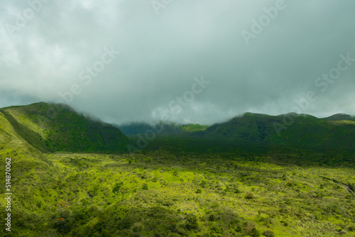 An aerial view of canyons and hills in the Hana Rainforest on the island of Maui, Hawaii.