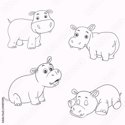 vector set of cute hippo cartoon isolated on white. black and white illustration. Coloring Pages for kids.
