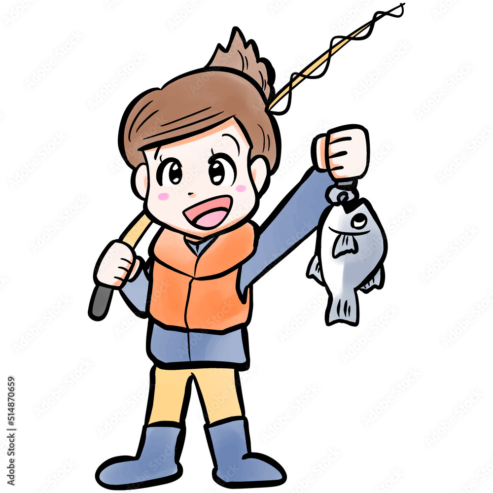 釣りをする女性のイラスト