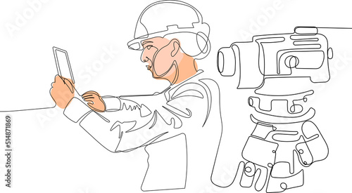 Close up of young Caucasian worker with helmet on head using tablet for work while standing in warehouse. Surveyor with a tripod icon. Geodesic tripod. Vector illustration