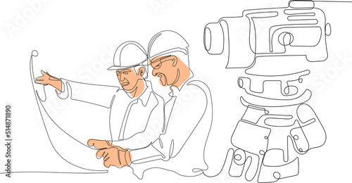 Close up of young Caucasian worker with helmet on head using tablet for work while standing in warehouse. Surveyor with a tripod icon. Geodesic tripod. Vector illustration