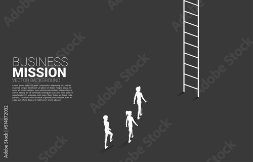 silhouette of businessman and businesswoman walk to go up with ladder. Concept of vision mission and goal of business