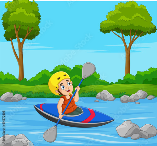 Cartoon little boy rowing a boat