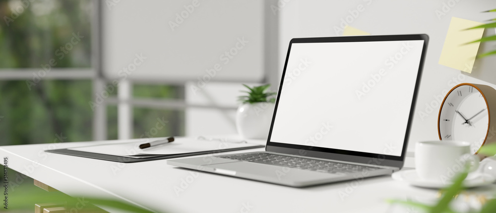 Close-up, Modern white office desk with portable notebook laptop and office accessories. - obrazy, fototapety, plakaty 