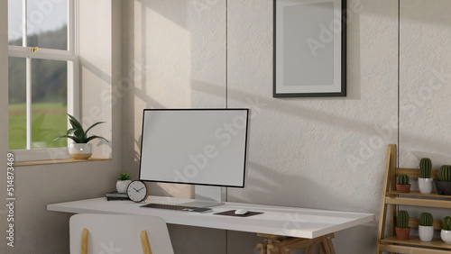 Minimal white home workplace interior design with pc computer mockup on the table © bongkarn