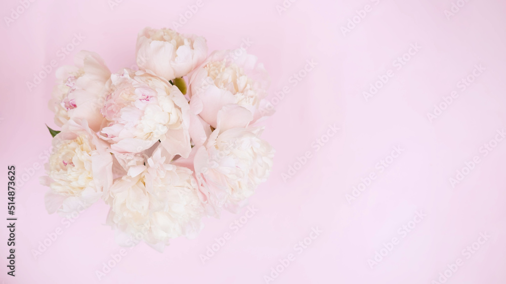 Beautiful garden peony flowers bouquet on pink background. Top view flat lay with space for your holiday greetings