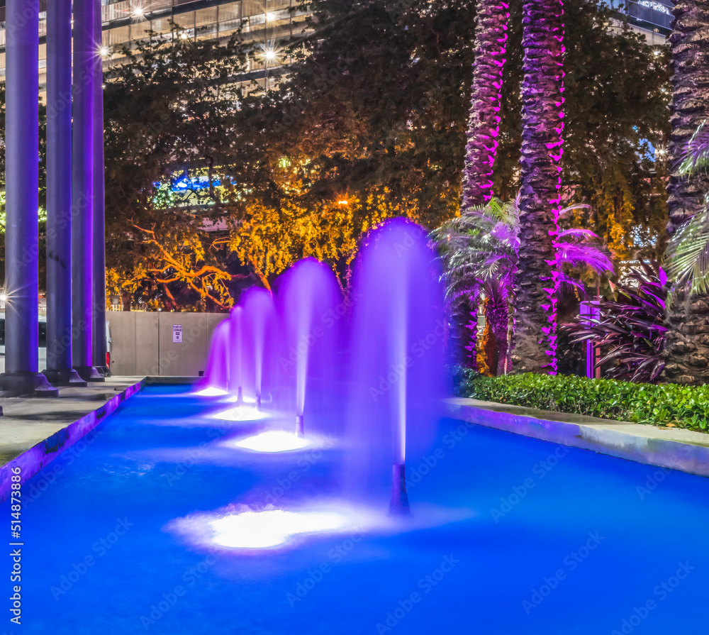 Blue Fountain Night Purple Trees Downtown Miami Florida