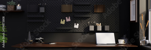 Wallpaper Mural Stylish black home workspace interior design with portable tablet mockup on wood table Torontodigital.ca