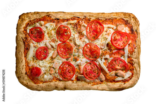 Pizza with salmon and tomatoes on Roman dough isolated on white background top view
