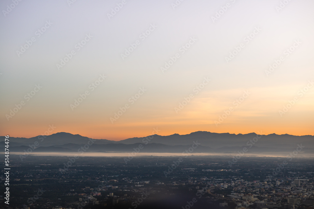 Mountain and Phrae city view in the early morning while sunrise