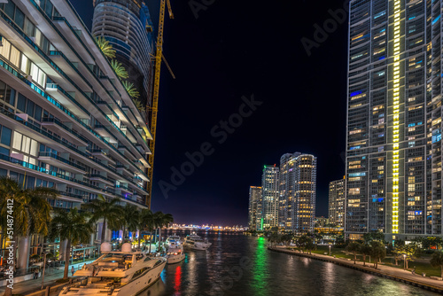 Miami River Night Water Reflections Apartment Buildings Downtown Miami Florida