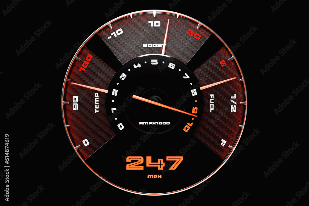 3D illustration new car interior details. Speedometer shows 247 km h , tachometer with black backlight . Сlose up black car panel, digital bright speedometer in sport style. 3D illustration new car interior details. Speedometer shows 247 km h , tachometer with black backlight . Сlose up black car panel, digital bright speedometer in sport style.