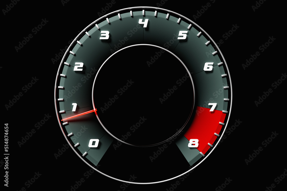 Fototapeta premium 3D illustration close up black car panel, digital bright tachometer.