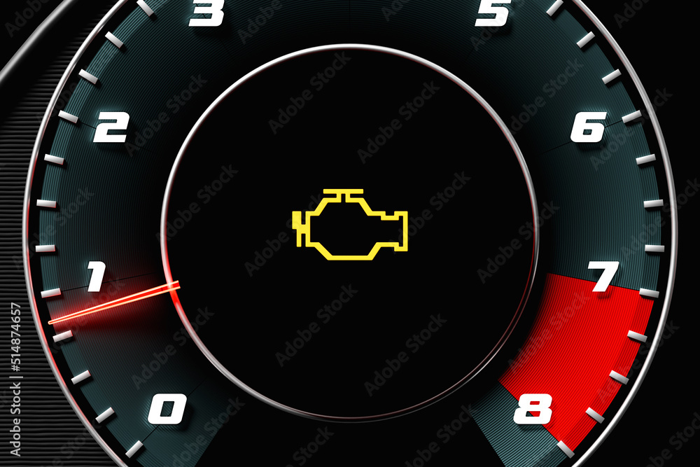 Fototapeta premium 3D illustration close up black car panel, digital bright tachometer, engine icon blinking on black isolated background