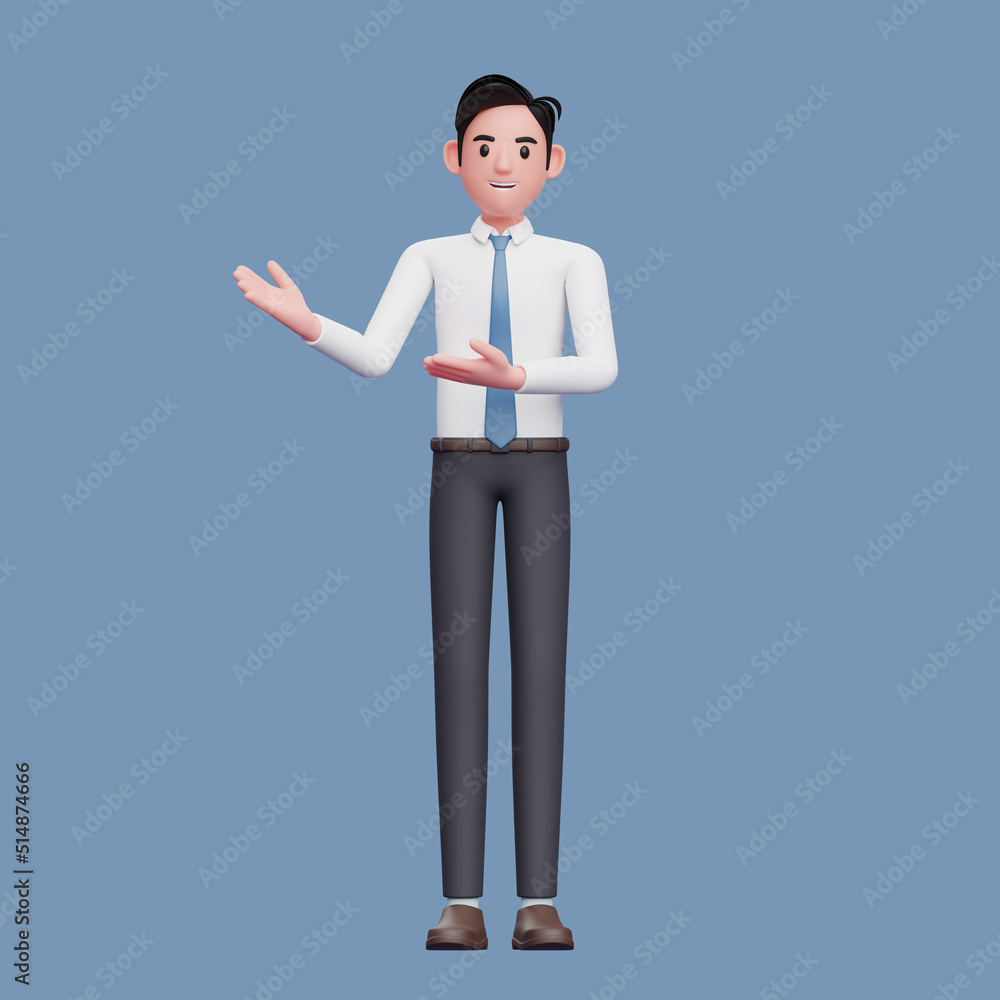 businessman presenting pose wearing long shirt and blue tie, 3d character illustration businessman presenting pose wearing long shirt and blue tie, 3d character illustration