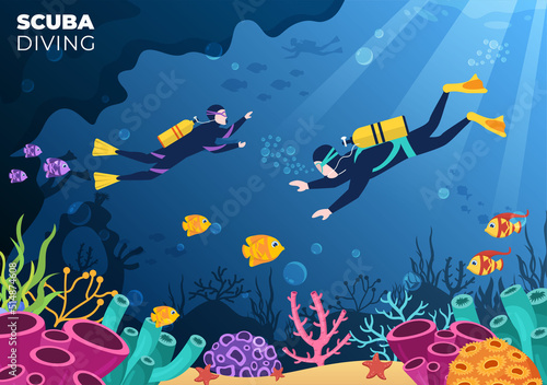 Scuba Diving with Underwater Swimming Equipment for Exploring Coral Reef, Sea Flora and Fauna or Fish in the Ocean in Flat Cartoon Vector Illustration