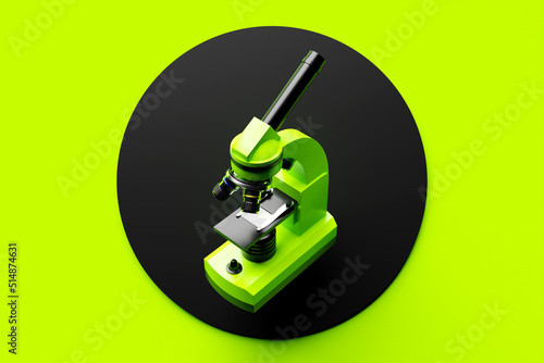 3d illustration realistic laboratory microscope no green background. 3d chemistry, pharmaceutical instrument, microbiological magnifying instrument. photo