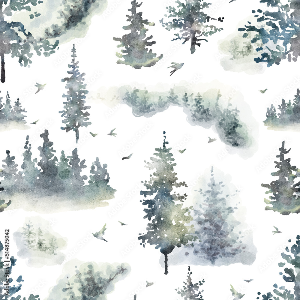 Fototapeta premium Watercolor hand drawn forest seamless pattern with delicate illustration of coniferous trees spruce, fir, pine, foggy landscapes, birds. Elements isolated on a white background. Woodland wallpaper