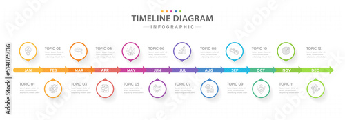 Infographic template for business. 12 Months modern Timeline diagram calendar with arrows, presentation vector infographic.