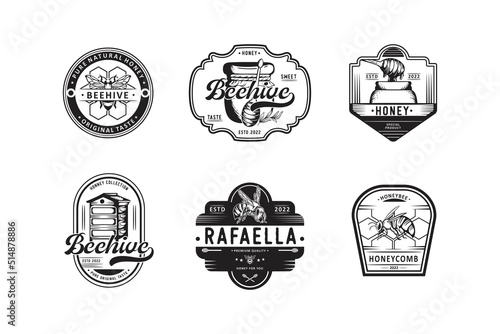 Set of vintage honey and bee labels, badges and design elements