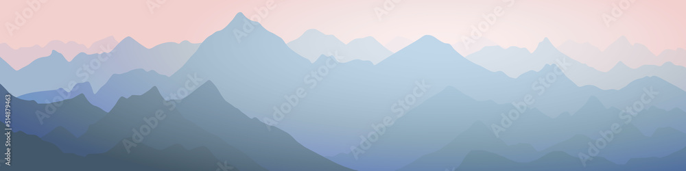 Sunrise in the mountains, mountain ranges in the morning haze, panoramic view, vector illustration