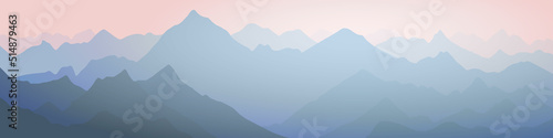 Sunrise in the mountains, mountain ranges in the morning haze, panoramic view, vector illustration © Valerii