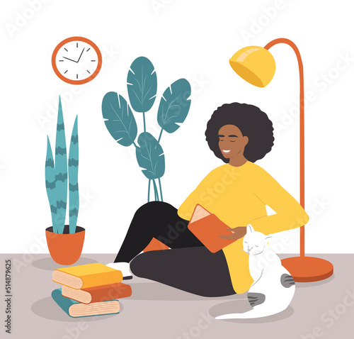 vector illustration in a flat style - a black woman reads a book