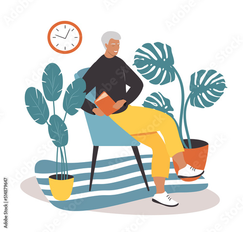 vector illustration in a flat style - a gray-haired man sits in a chair and reads a book photo