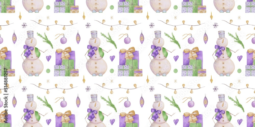 Christmas seamless pattern on a white background. Endless print with gift boxes, a snowman, a snowflake, a purple color heart, a garland of lights, and a branch of a Christmas tree. Christmas seamless pattern on a white background. Endless print with gift boxes, a snowman, a snowflake, a purple color heart, a garland of lights, and a branch of a Christmas tree.