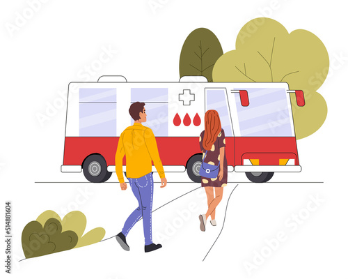 Donor people go to the mobile blood donation bus. Charity and relief work concept. Colored flat cartoon vector illustration isolated on white background