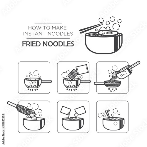 Cooking instruction icon set, instant noodles - fried noodles