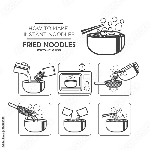 Cooking instruction icon set, instant noodles - fried noodles for microwave user