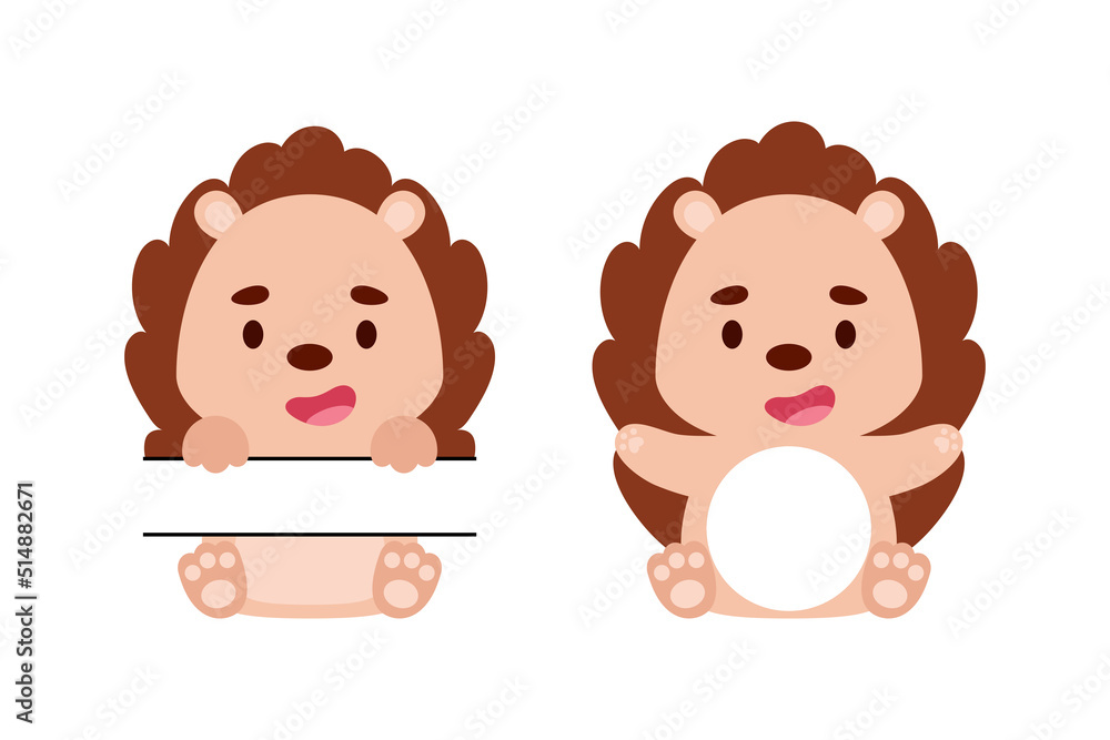 Cute little hedgehog split monogram. Funny cartoon character for kids t-shirts, nursery decoration, baby shower, greeting cards, invitations, scrapbooking, home decor. Vector stock illustration Cute little hedgehog split monogram. Funny cartoon character for kids t-shirts, nursery decoration, baby shower, greeting cards, invitations, scrapbooking, home decor. Vector stock illustration