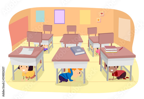 Stickman Kids Earthquake Drill Illustration