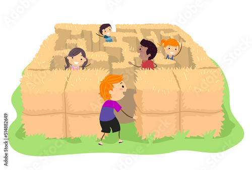 Stickman Kids Farm Haystack Maze Illustration