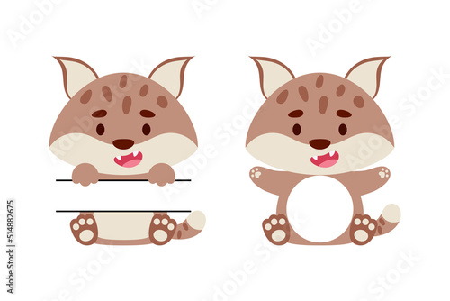 Cute little lynx split monogram. Funny cartoon character for kids t-shirts, nursery decoration, baby shower, greeting cards, invitations, scrapbooking, home decor. Vector stock illustration