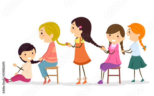 Stickman Kids Girls Braid Hair Line Illustration