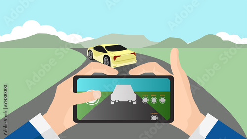 Hand of man control car by mobile phone with application car driving. Sport car yellow color on asphalt road driving to the nature of mountain on wide grassland area.