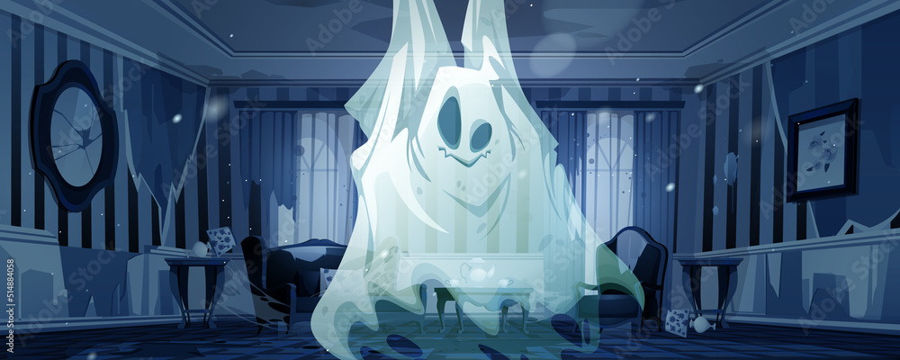 Ghost in night abandoned living room. Funny spook cartoon Halloween  character, fantasy monster, spooky spirit personages say boo. Horror,  phantom creature in old haunted house, Vector illustration Stock Vector |  Adobe Stock
