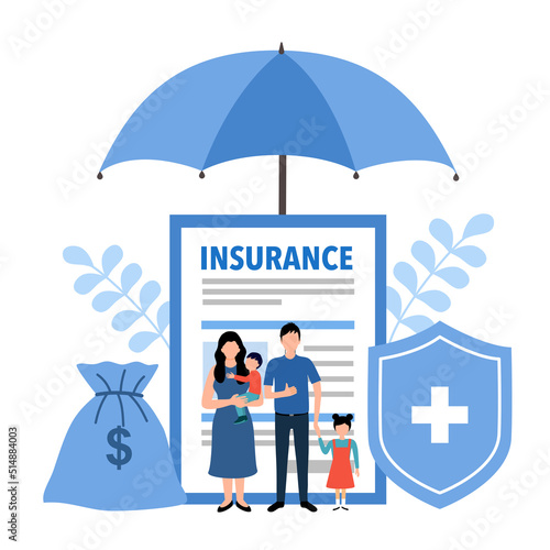 Umbrella shield of family insurance about care, safety, security and protection. Life or health insurance concept.