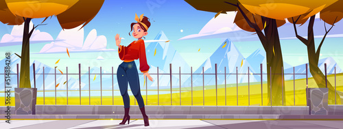 Woman in autumn city park waving hand in greeting gesture. Female character say hello standing on street with metal fencing and orange trees on mountains view background, Cartoon vector illustration