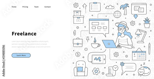 Home office banner, freelance doodle landing page. Young woman work on laptop with cat, coffee cup and office supply icons around. Distant outsourced job, girl freelancer, Line art vector illustration